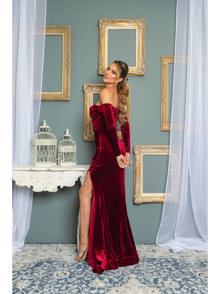 RICARICA INC. - Wholesale Dress - Women's - 9585P1-XL ONLY VELVET OFF SHOULDER LONG SLEEVE MAXI DRESS