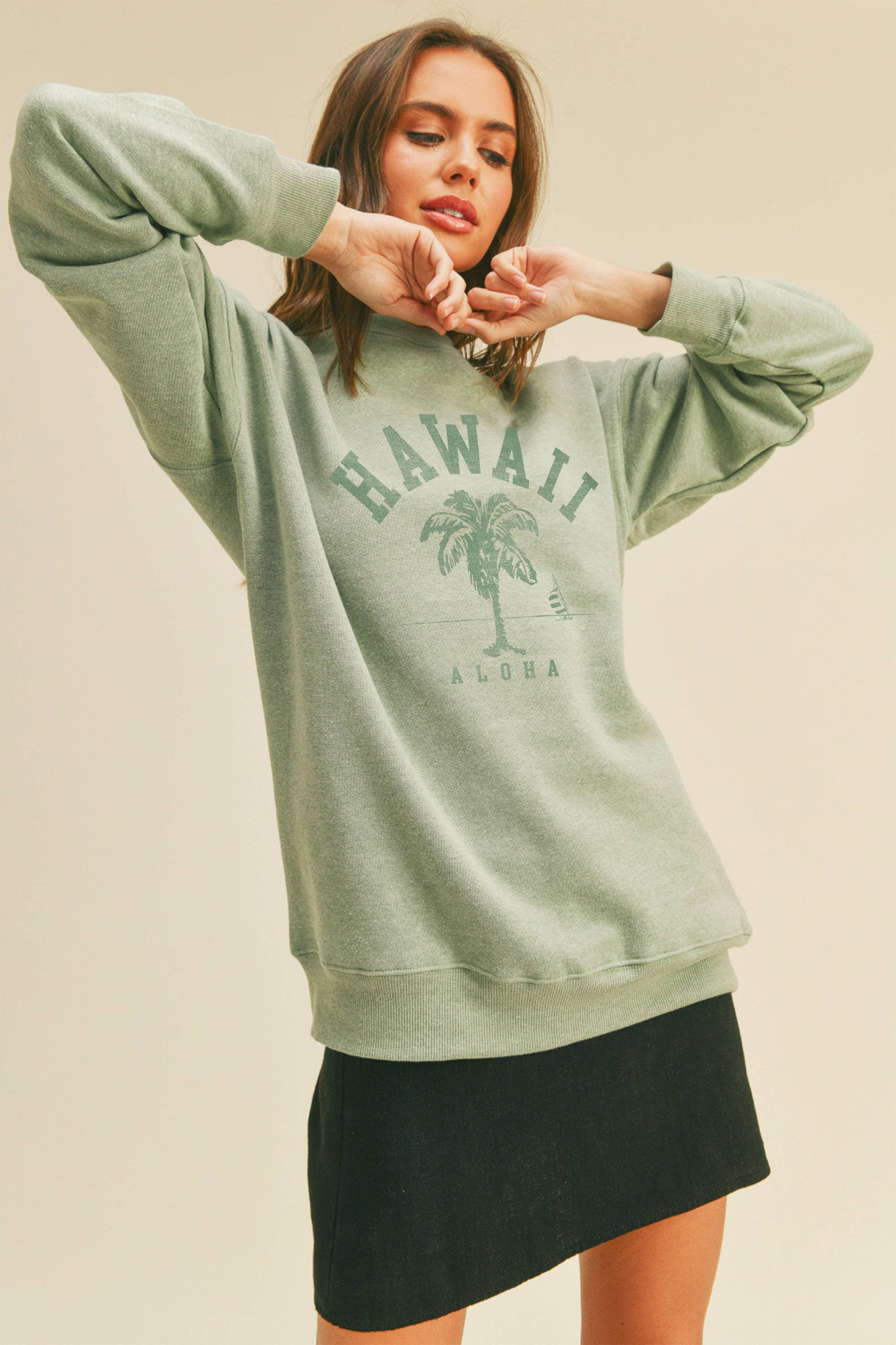 Honestee - Vendita all'ingrosso Felpa stampata - Donna - Felpa Hawaii Aloha con stampa palma3