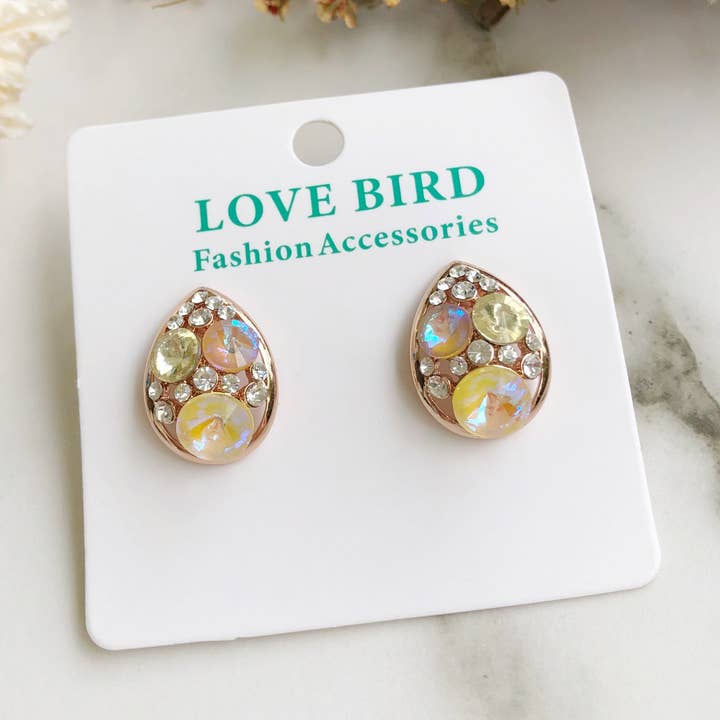 Rose Gold Pink & Yellow Crystal Stud Earrings for wholesale by Love Bird Fashion Accessories