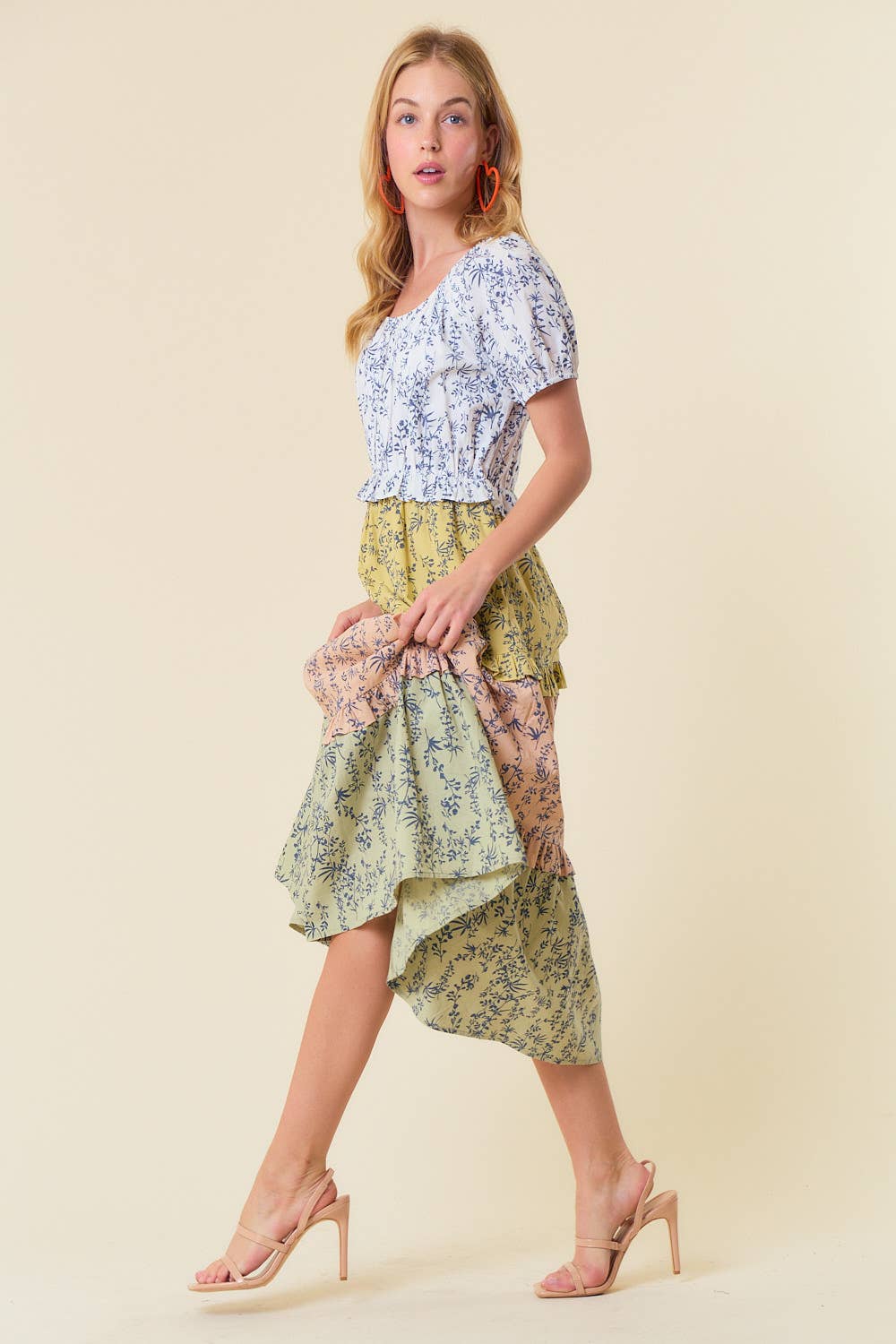 Off White Sage Mix FLORAL PRINT SHORT SLEEVE COLOR BLOCK MIDI DRESS - 27593D for wholesale on Faire3