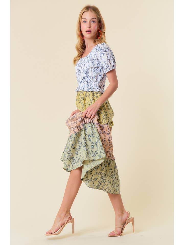 Off White Sage Mix FLORAL PRINT SHORT SLEEVE COLOR BLOCK MIDI DRESS - 27593D for wholesale on Faire3