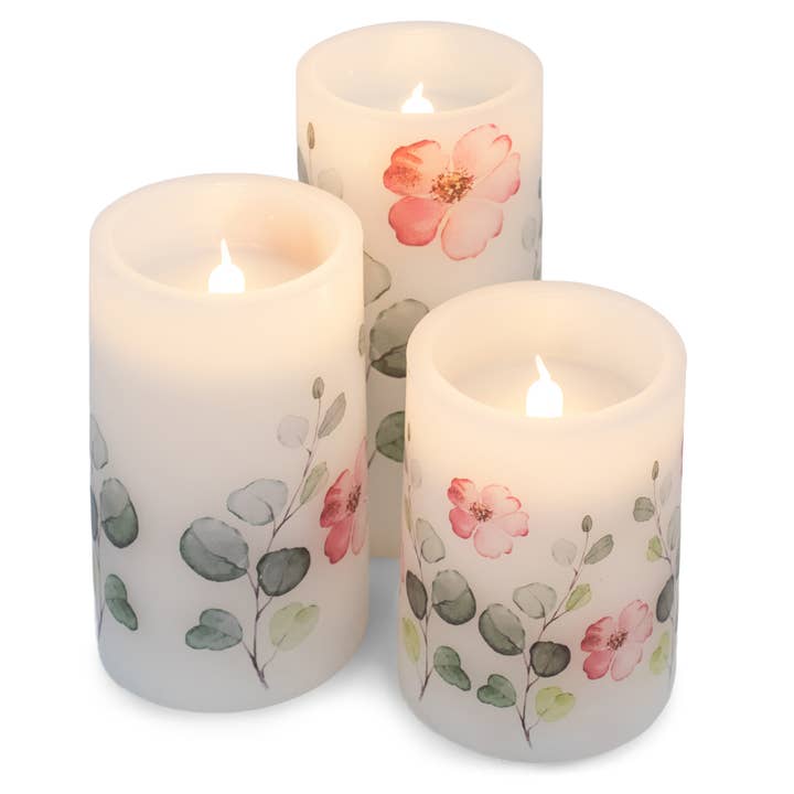 EAST AVENUE - Wholesale Flameless Candle - Floral Pink and Green 6 inch Flameless Candles Set of 3