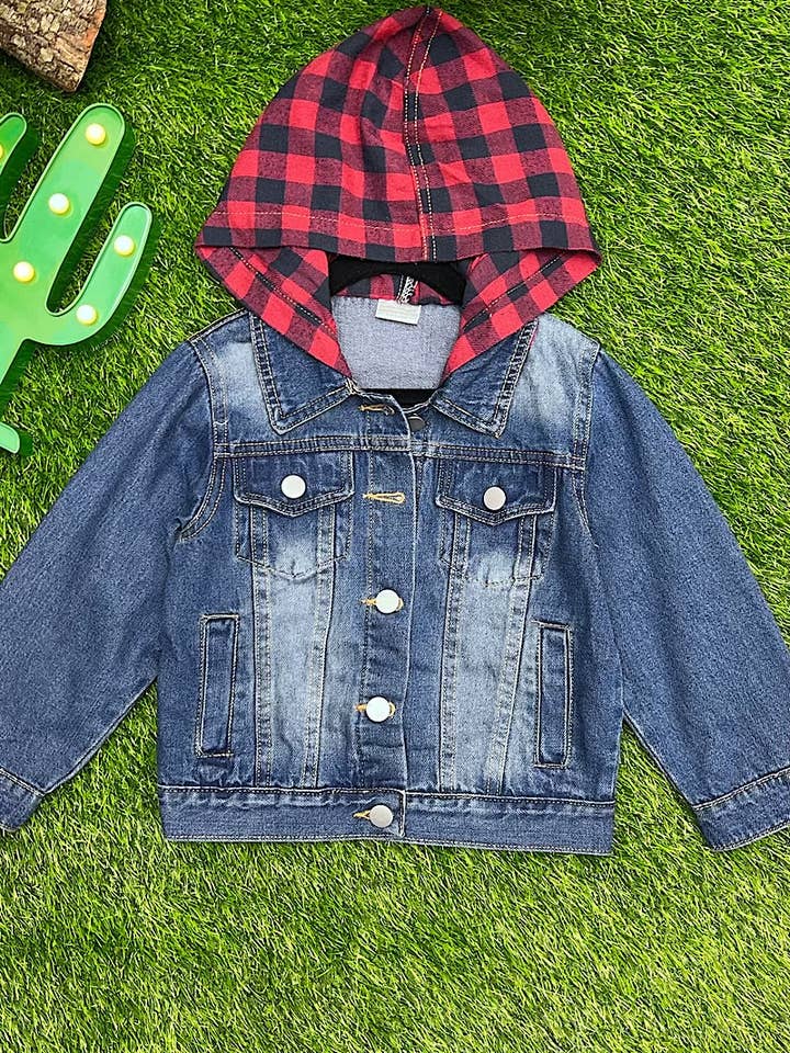 Kids Charm Online - Wholesale Denim Jacket - Kids - DARK BLUE DENIM JACKET WITH PLAID ELBOW PATCHES & HOODIE. TPG651422086-AMY