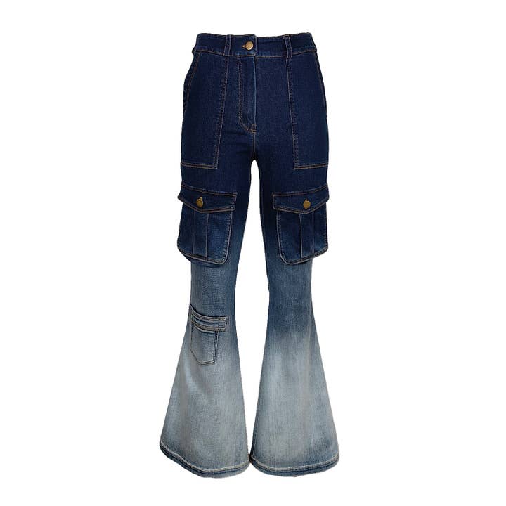 High Waisted Ombre Effect Flared Cargo Denim Pants for wholesale by Lalipop Design