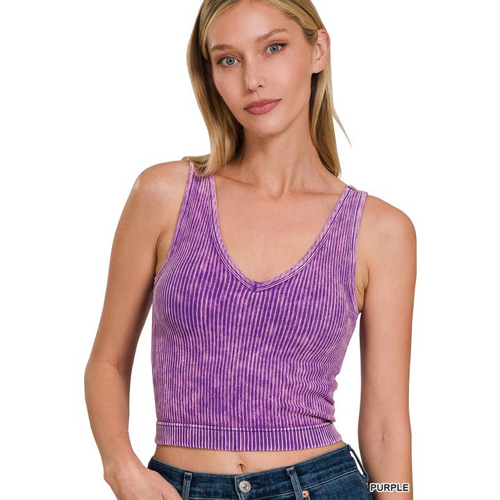 Apolline – wholesale Tank top – Women′s – WASHED RIBBED CROPPED BRA PADDED V-NECK TANK TOP ZENANA