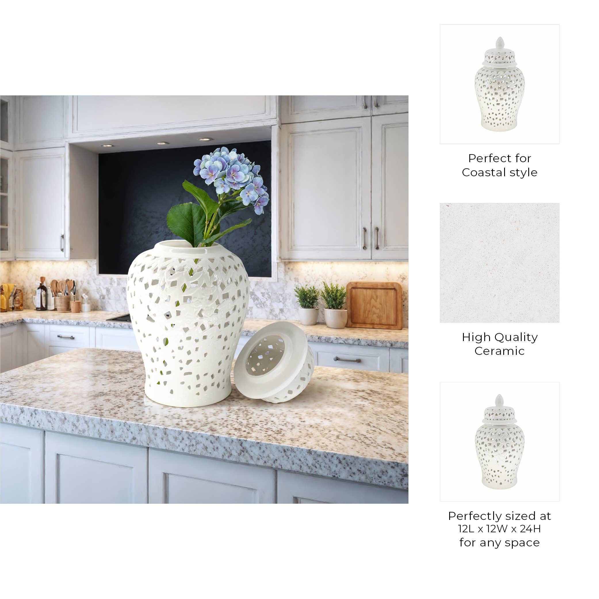 Sagebrook Home - Wholesale Decorative Jar - Decorative Jar - White Ceramic Pierced Cut-Out, 24 in.2