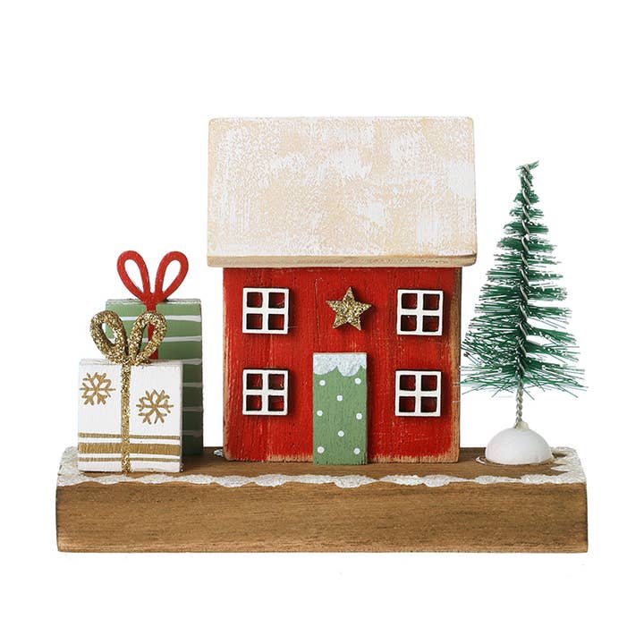 RED WOODEN HOUSE WITH GIFTS & TREE ORN for wholesale by Heaven Sends