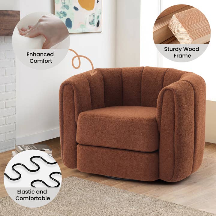 Orange County Decor - Wholesale Chair - Swivel Accent Barrel Chair, Modern Round Armchairs With Upholstered, Comfy Swivel Accent Chair For Living Room Brown Teddy2