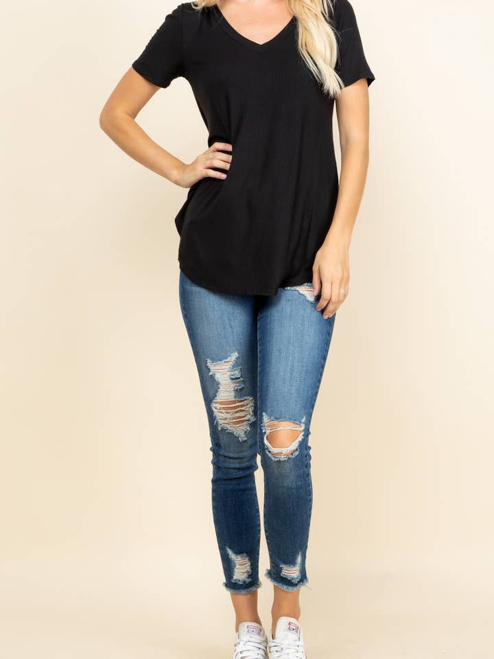 10180SSP218 4X2 RIB RAYON JERSEY SHORT SLEEVE V NECK TOP for wholesale by A.gain