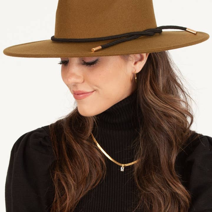 Lucca Couture - Wholesale Fedora - Women's - Women Vegan felt rancher hat with gold tip black rope trim 1