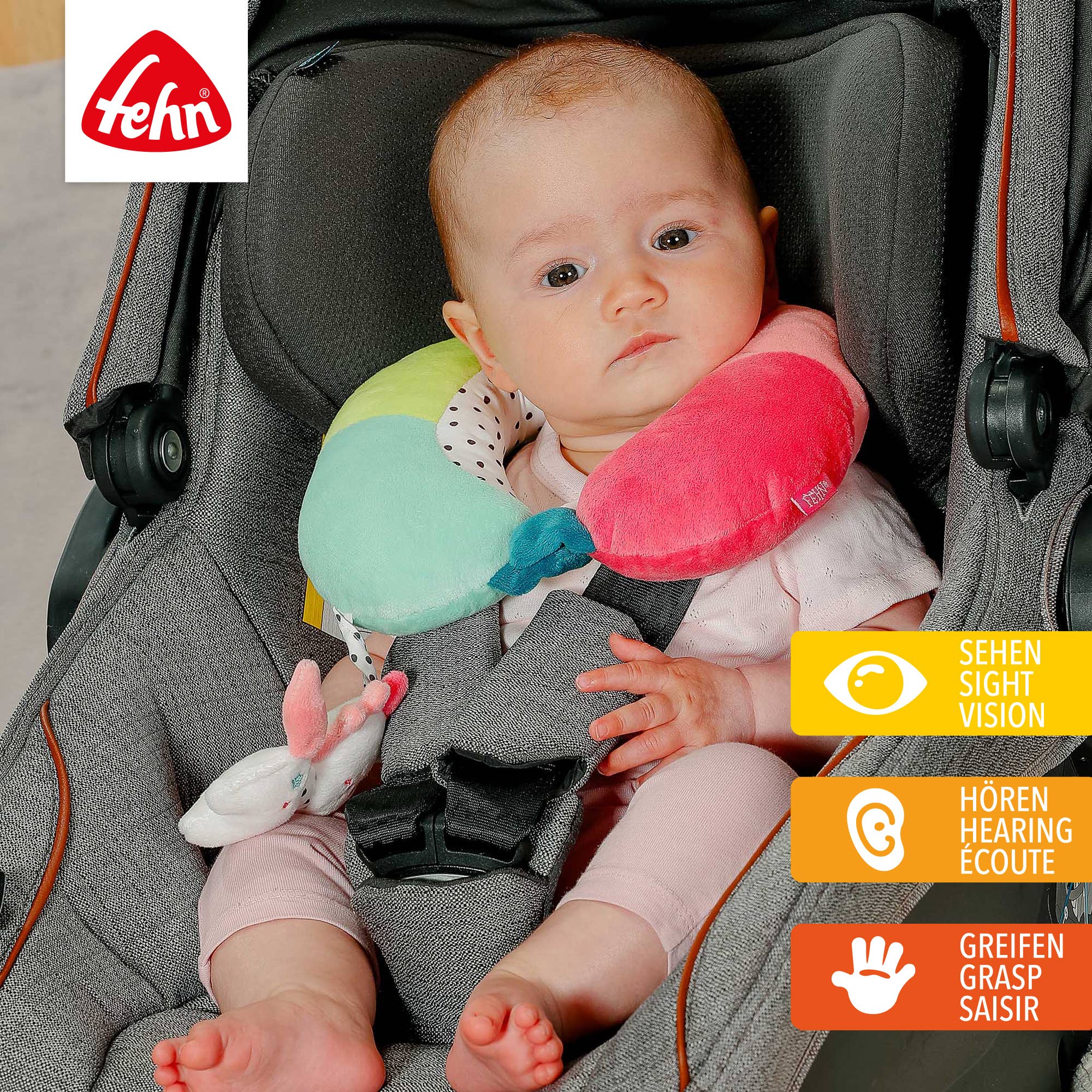 Fehn - Vente Oreiller de voyage – enfant et bébé - Soutien cervical licorne avec petit hochet1