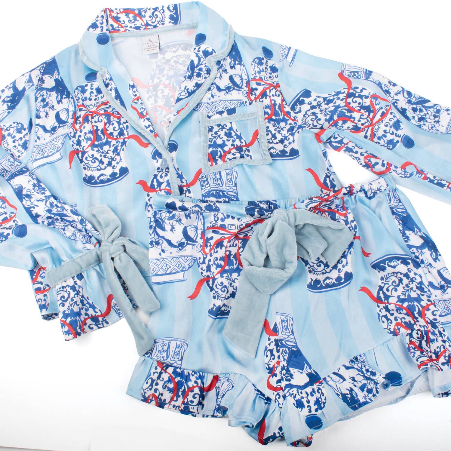 8 Oak Lane - Vendita all'ingrosso Completo pigiama - Donna - Set Pigiama Corto a Righe in Raso con Volant Holiday Ginger Jar3