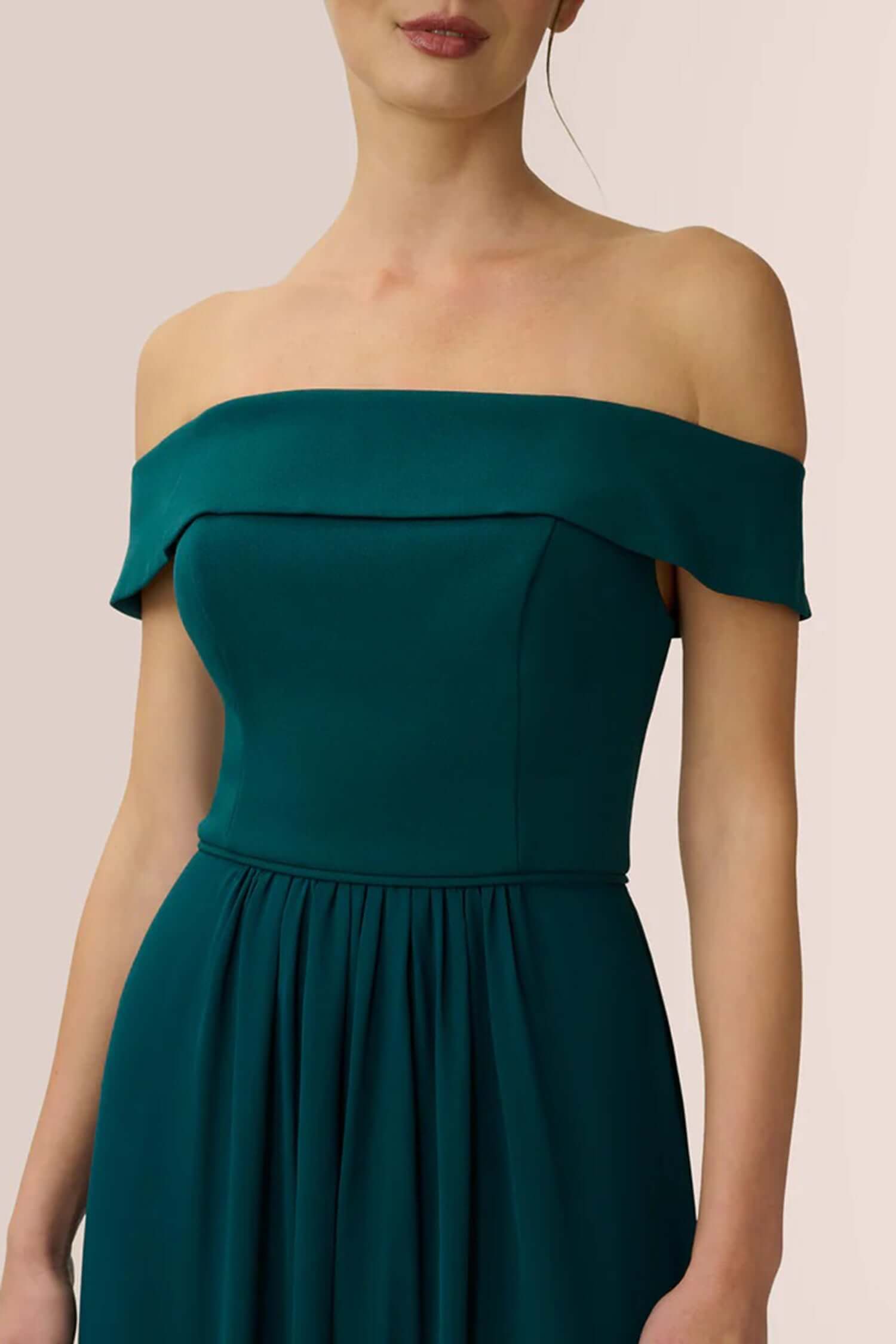 Immediate Apparel - Wholesale Gown - Women's - Adrianna Papell Off Shoulder Zipper Back Ruched Piping Detail Crepe Chiffon Gown4