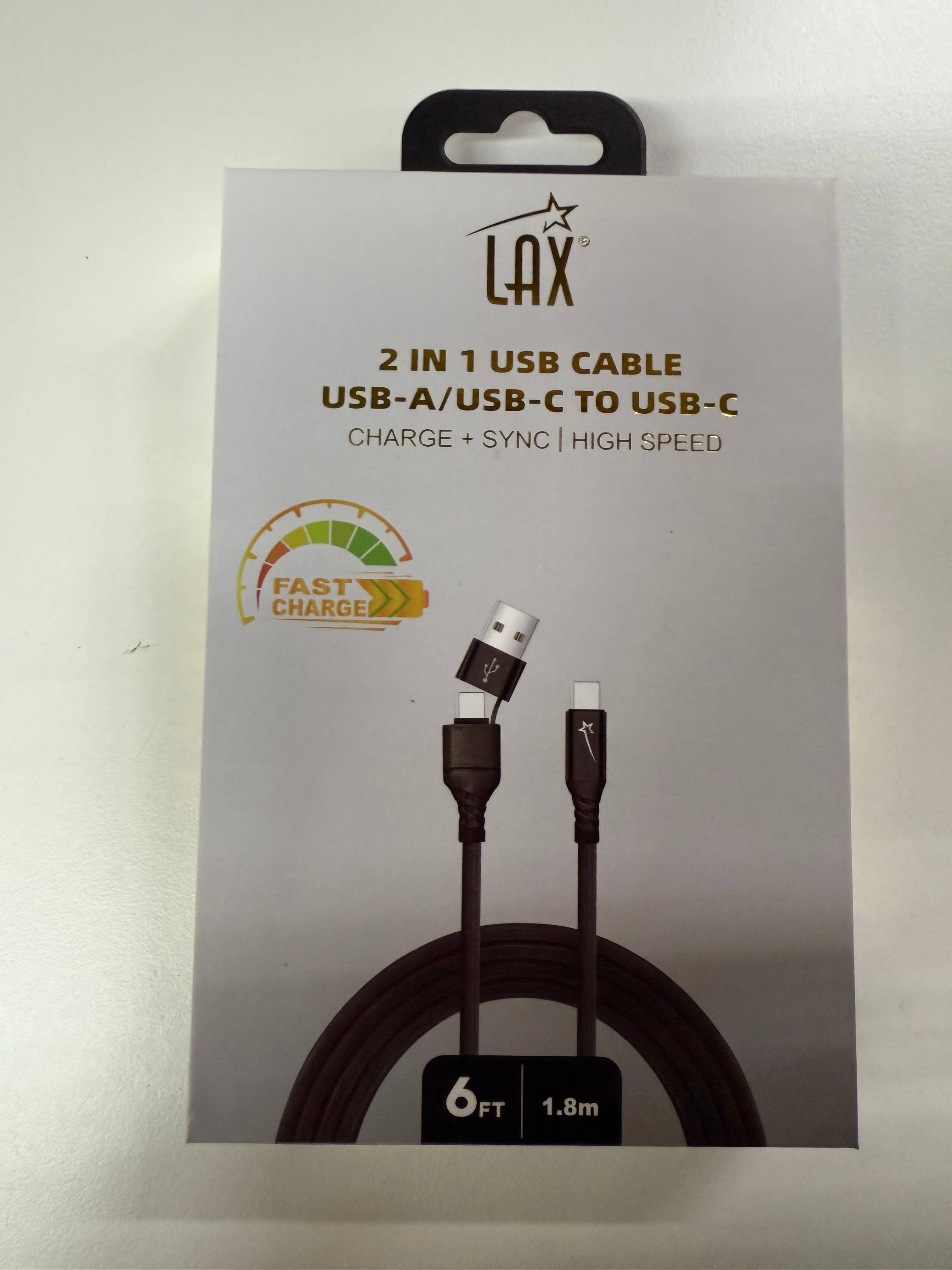 LAX Gadgets - Wholesale Charging Cable - 2-in-1 USB-A/USB-C to USB-C Fast Charging Cable- Retail Pack1