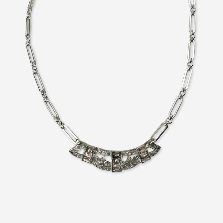 Vintage wide rhinestone pendant with silver plated oval link chain for wholesale by Lulu’s Petals