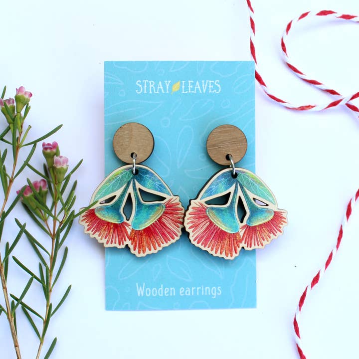 Stray Leaves - Wholesale Dangle earrings - Australian red gum blossom wooden statement earrings2