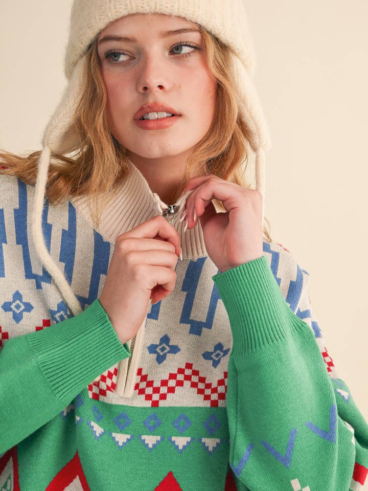 Burgundy Multi GEOMETRIC KNIT MOCK NECK HALF ZIP PULLOVER SWEATER MSW10885 for wholesale on Faire38