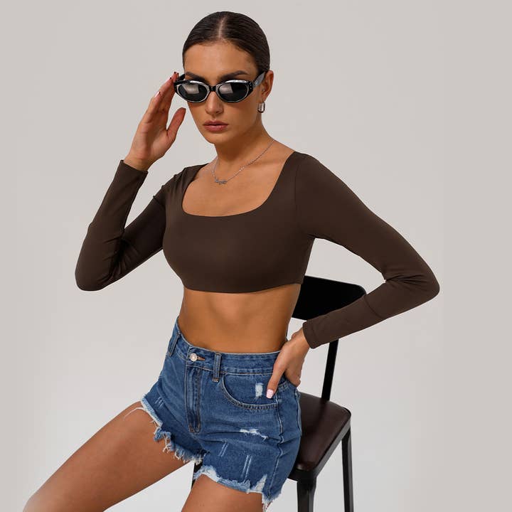 Sodalemon - Wholesale Athletic top – Women′s - Women Fitness Yoga Long Sleeve Padded Crop T-Shirt4