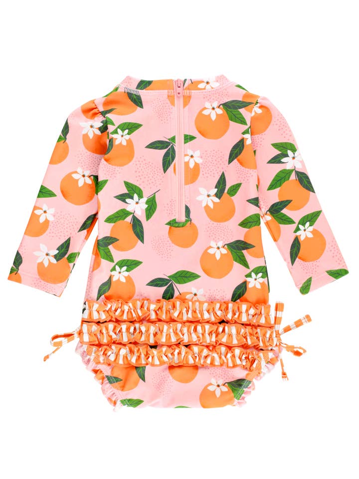 Lyserød Baby Piger Orange You The Sweetest Langærmet Éndelt Rash Guard Badedragt med Signature Bagpå Flæser for engroshandel på Faire5