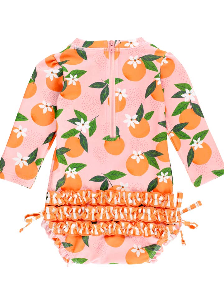 Rosa Bebisflickor Orange You The Sweetest Långärmad Enstycks Rash Guard Baddräkt med Signatur Bakvolanger för wholesale på Faire5