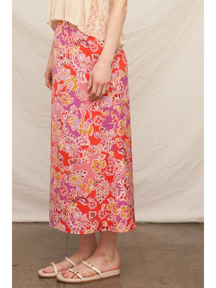 Pink Multi Floral Print Satin Midi Skirt for wholesale on Faire