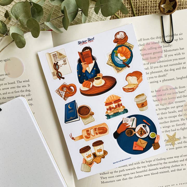 Coffee Time Sticker Sheet Decorative Sticker for wholesale by Split Moon Studios