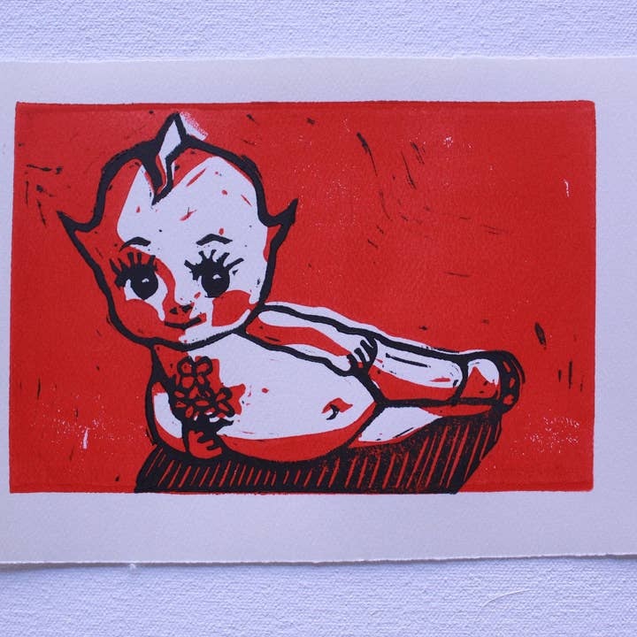 Lying Dog Press - Wholesale Art Print - 5x7" Romantic Kewpie Doll Cute Linocut Block Original Art