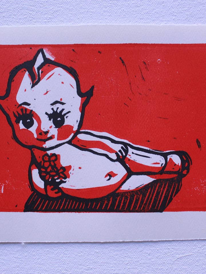 Poupée Kewpie romantique de 5 x 7 pouces, joli bloc de linogravure, art original pour la vente par Lying Dog Press