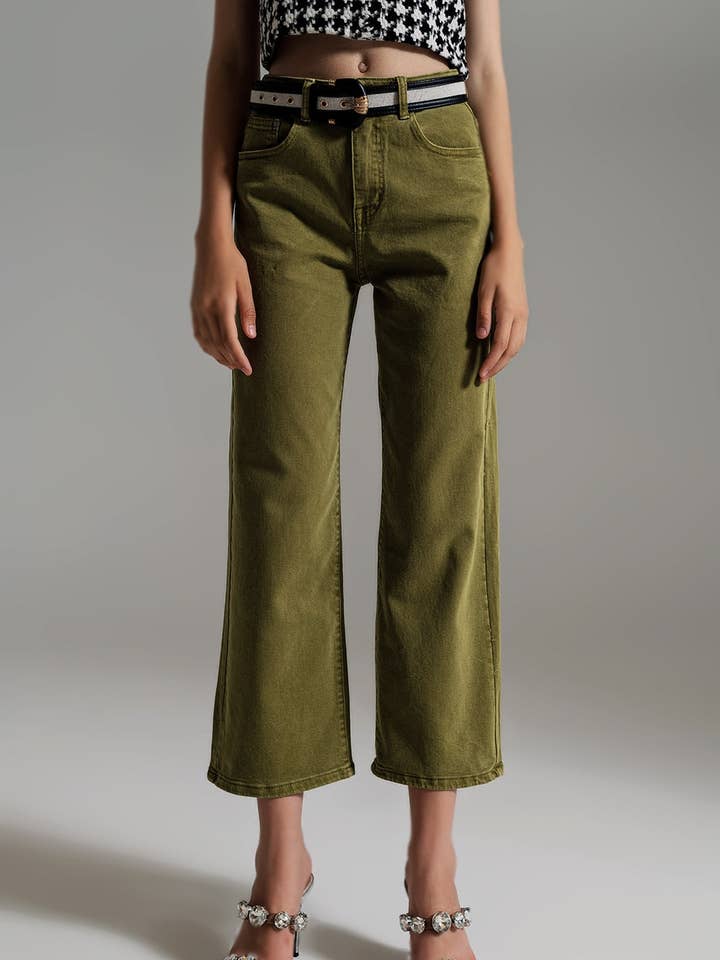 Cropped wide leg jeans in Olive green for wholesale on Faire