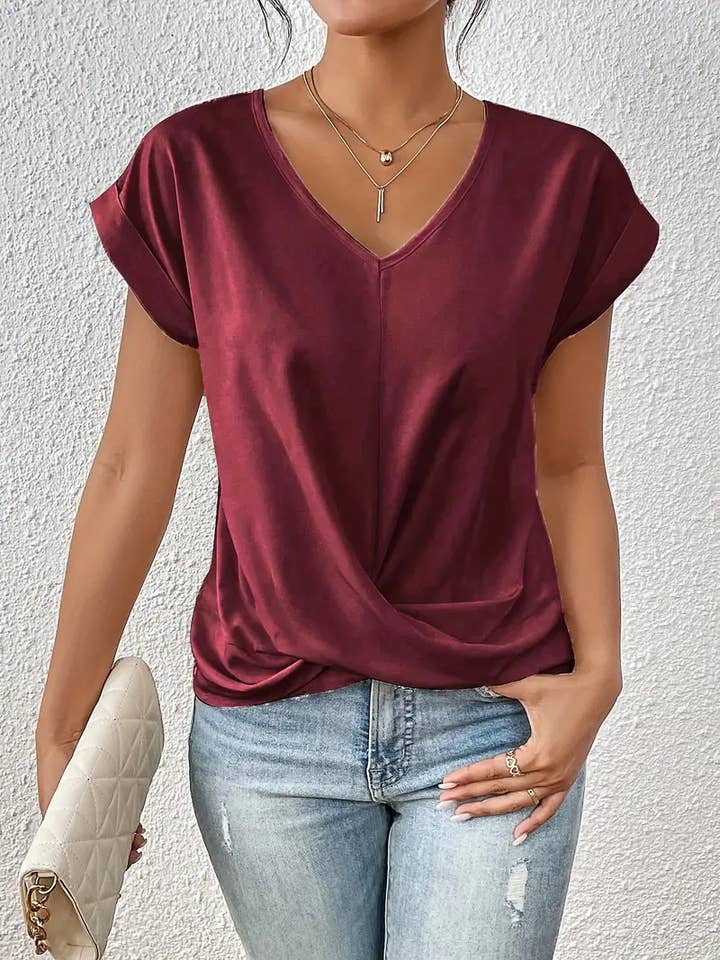 Rosa Clothing - Wholesale T-Shirt - Women's - Solid Color V-Neck T-Shirt Elegant Short Sleeve Top