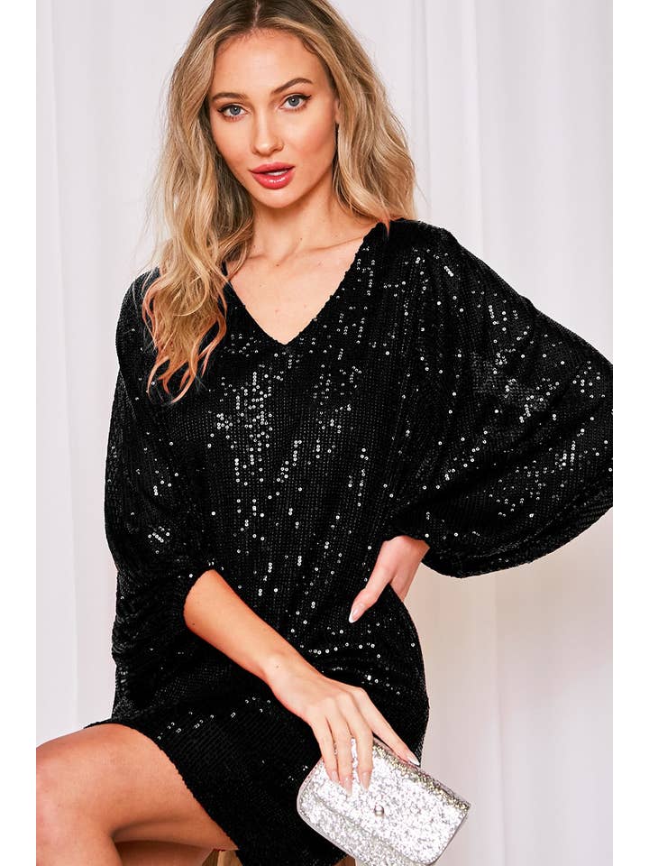 Vine & Love - Wholesale Dress - Women's - V-Neck Balloon Sleeves Sequin Detail Mini Dress VD31721