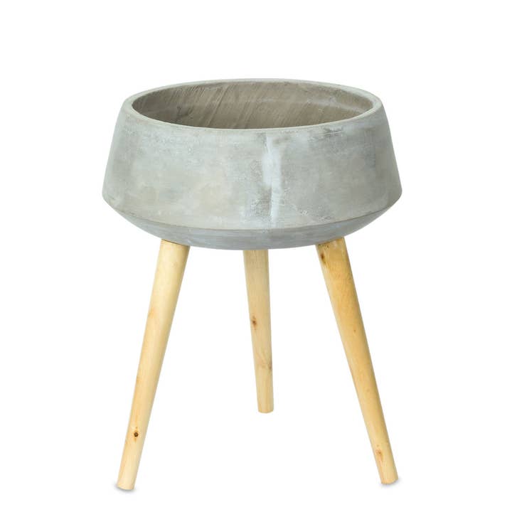 HomeRoots – Großhandel Blumentopf innen – Grauer Zement- und Holz-81-Unzen-runder, verwitterter Topf-Pflanzer mit Ständer