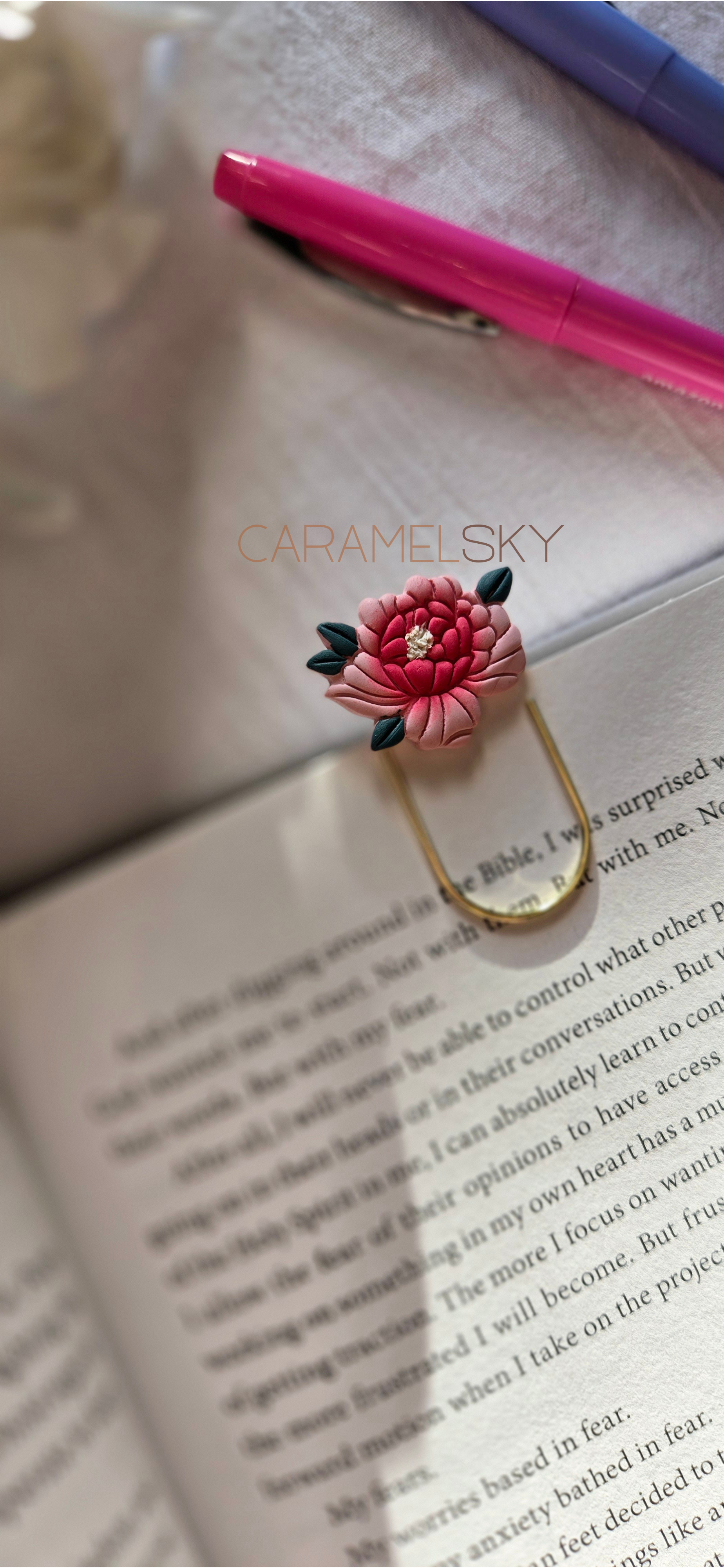 Caramel Sky – wholesale Bookmark – Handmade Peony Flower Paperclip Bookmark, Clay Bookmark8