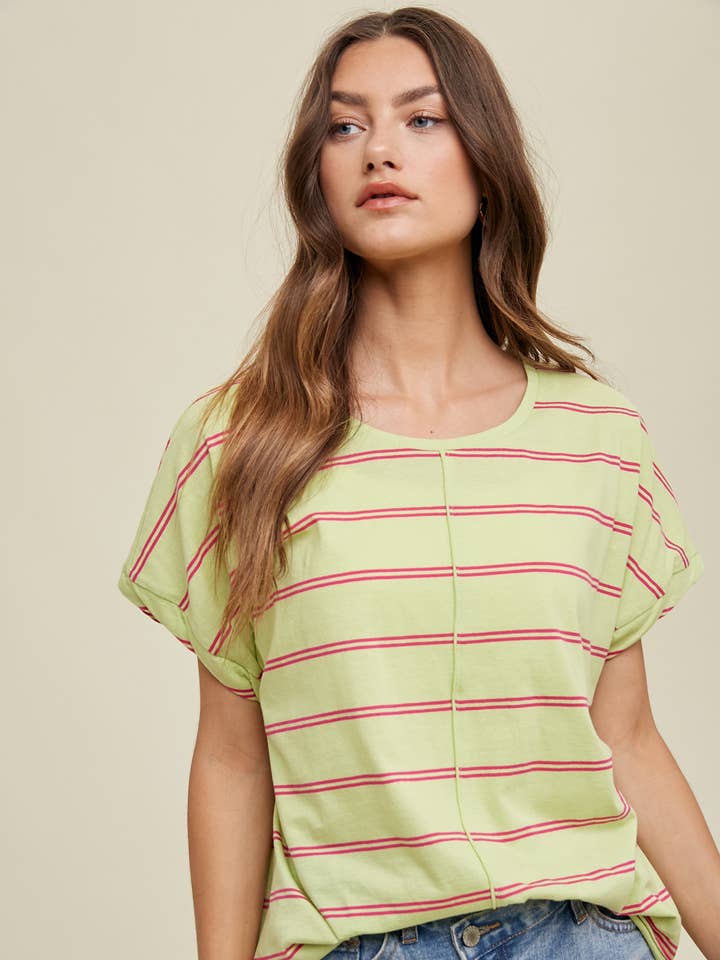 STRIPED COTTON KNIT TOP WITH TWIST CUFF DETAIL / WL23-7958 for wholesale by Wishlist Apparel