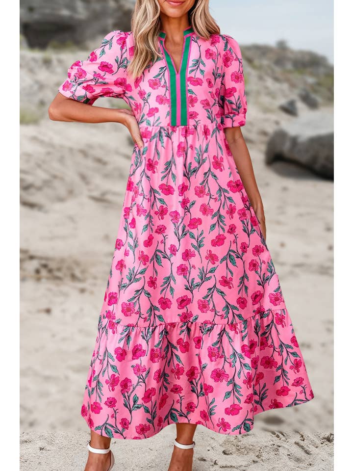 As shown Floral Print V Neck Shift Side Pockets Long Dress | S-XL for wholesale on Faire