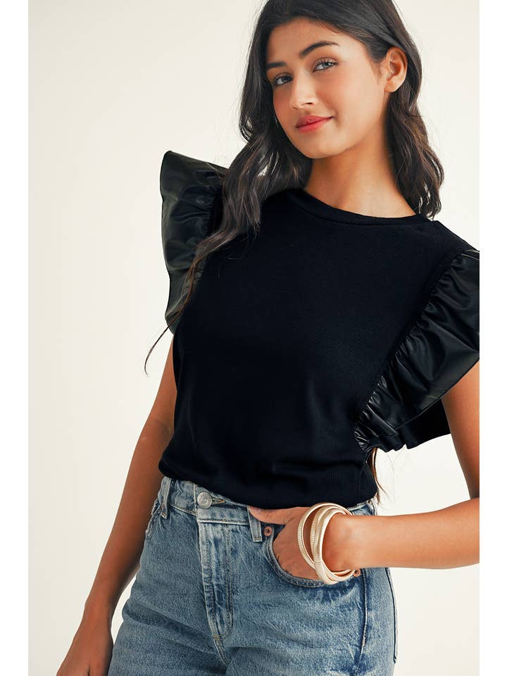 Little Daisy Closet - Wholesale Blouse - Women's - LDC Leather Ruffle Shoulder Plain Blouse