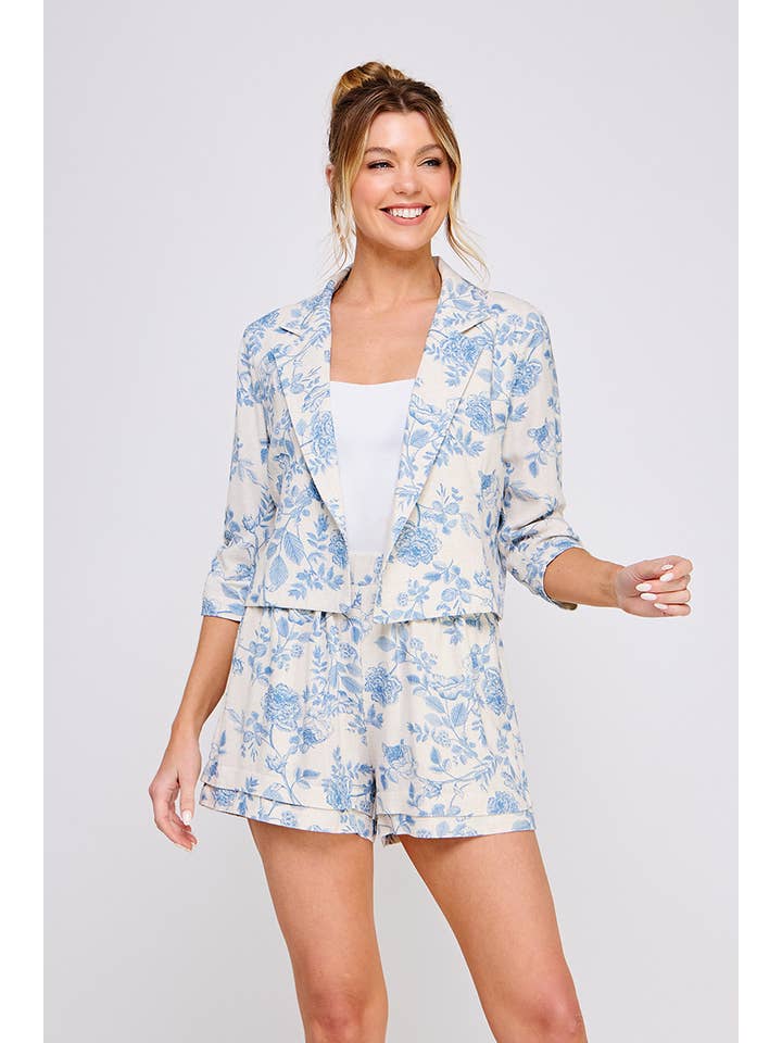 Blue Blossom Printed linen blend open crop blazer for wholesale on Faire