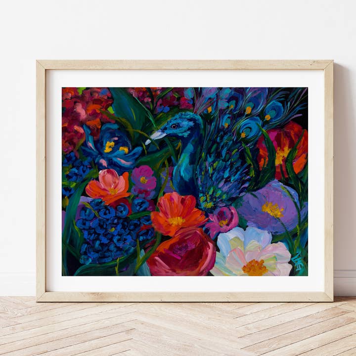 Hidden Beauty — Peacock Floral Art Print, Maximalist Floral for wholesale by L Marie Art