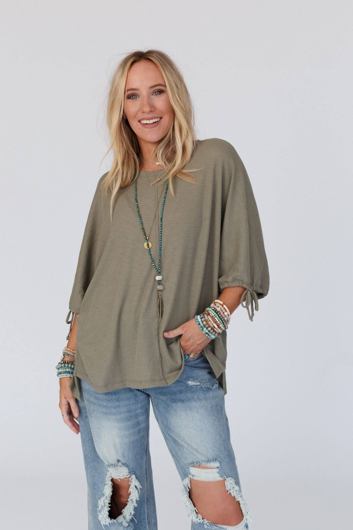 Three Bird Nest - Vente Haut en maille – femme - T-shirt à manches bouffantes Little Lark - Olive6