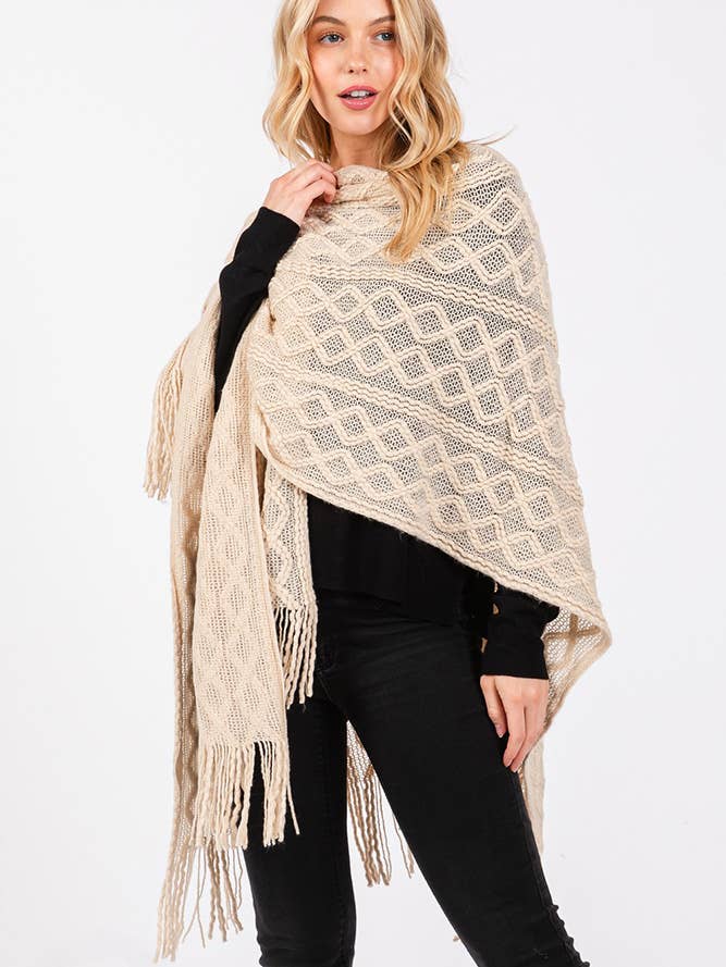 Hana – wholesale Cardigan – Women’s – Diamond Pattern Tassel Knit Ruana Winter Cardigan22