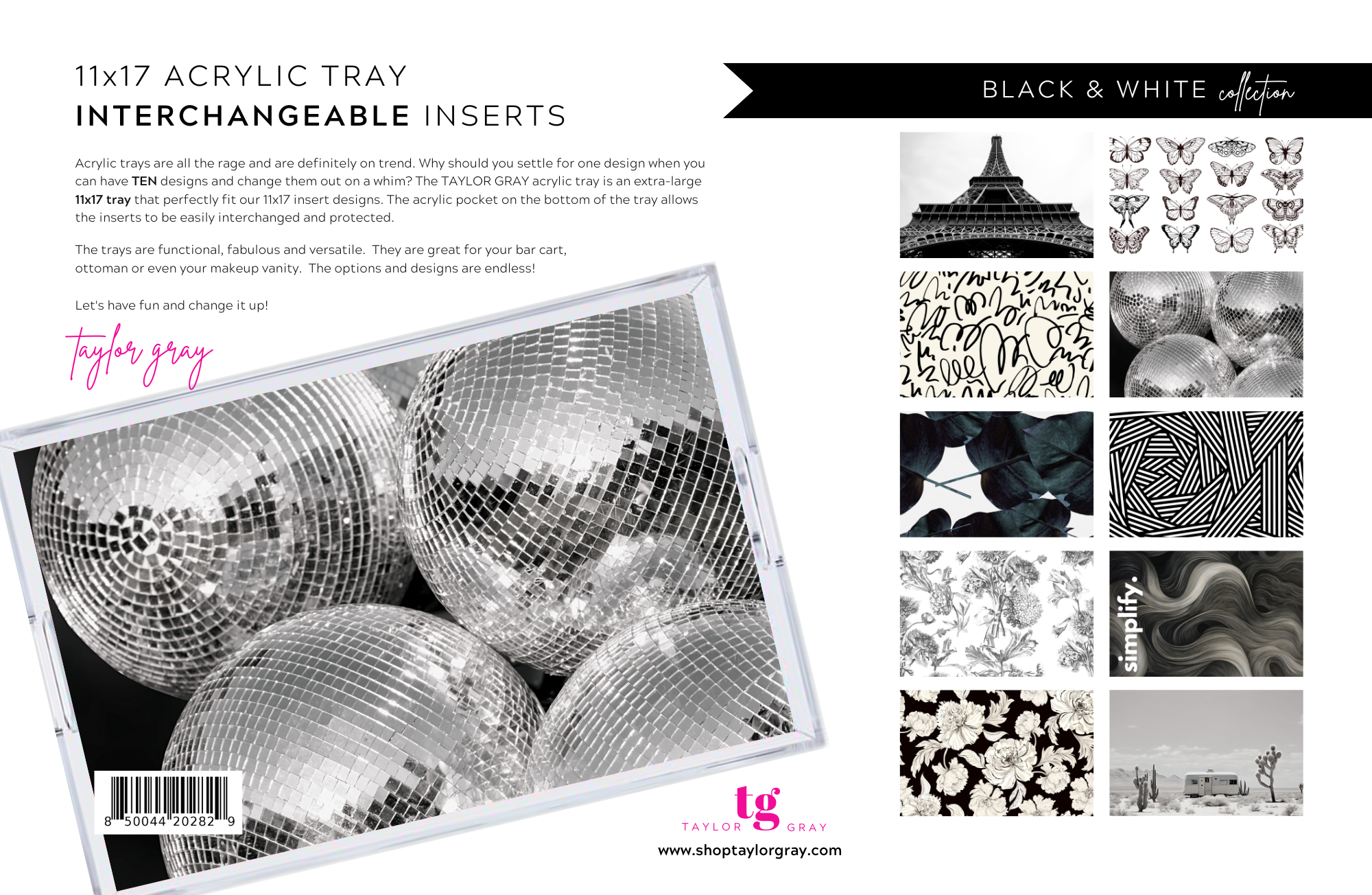 TAYLOR GRAY - Wholesale Decorative Tray - 11x17 BLACK & WHITE insert set of 1011