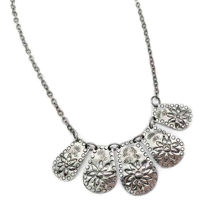 Kashi Antique Silver Embossed Necklace - Rounded Flowers for wholesale by Anju Jewelry