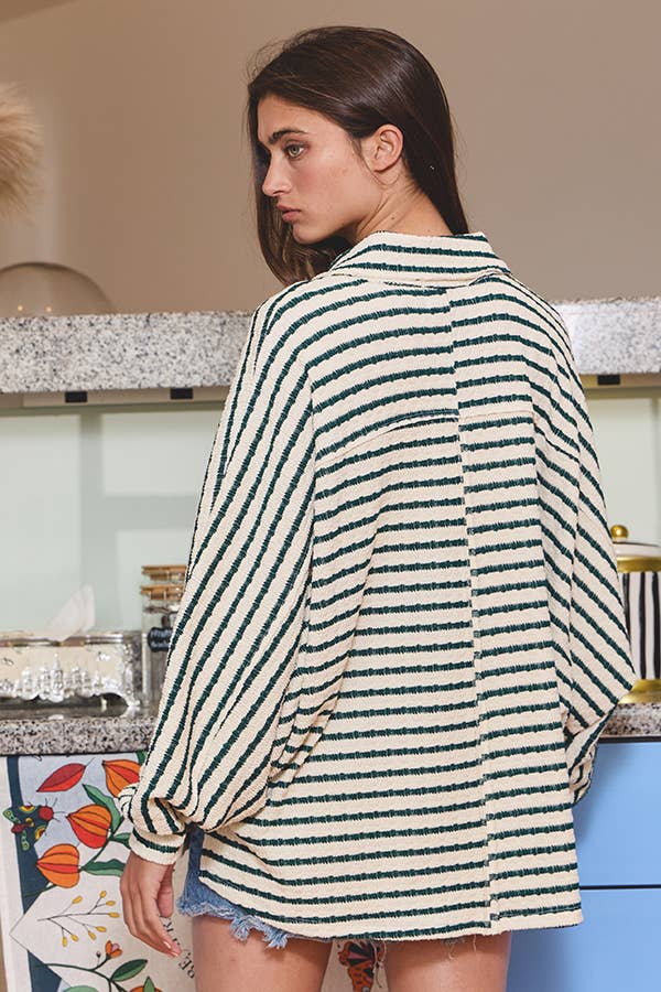 BUCKETLIST INC – wholesale Sweatshirt – Women's – T1578-5  Collared Oversized Button Up Stripe Pullover Top29