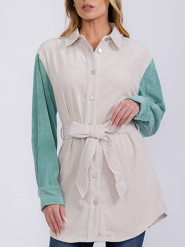 BUTTON CLOSURE SELF TIE COLORBLOCK SHACKET for wholesale by ROUSSEAU