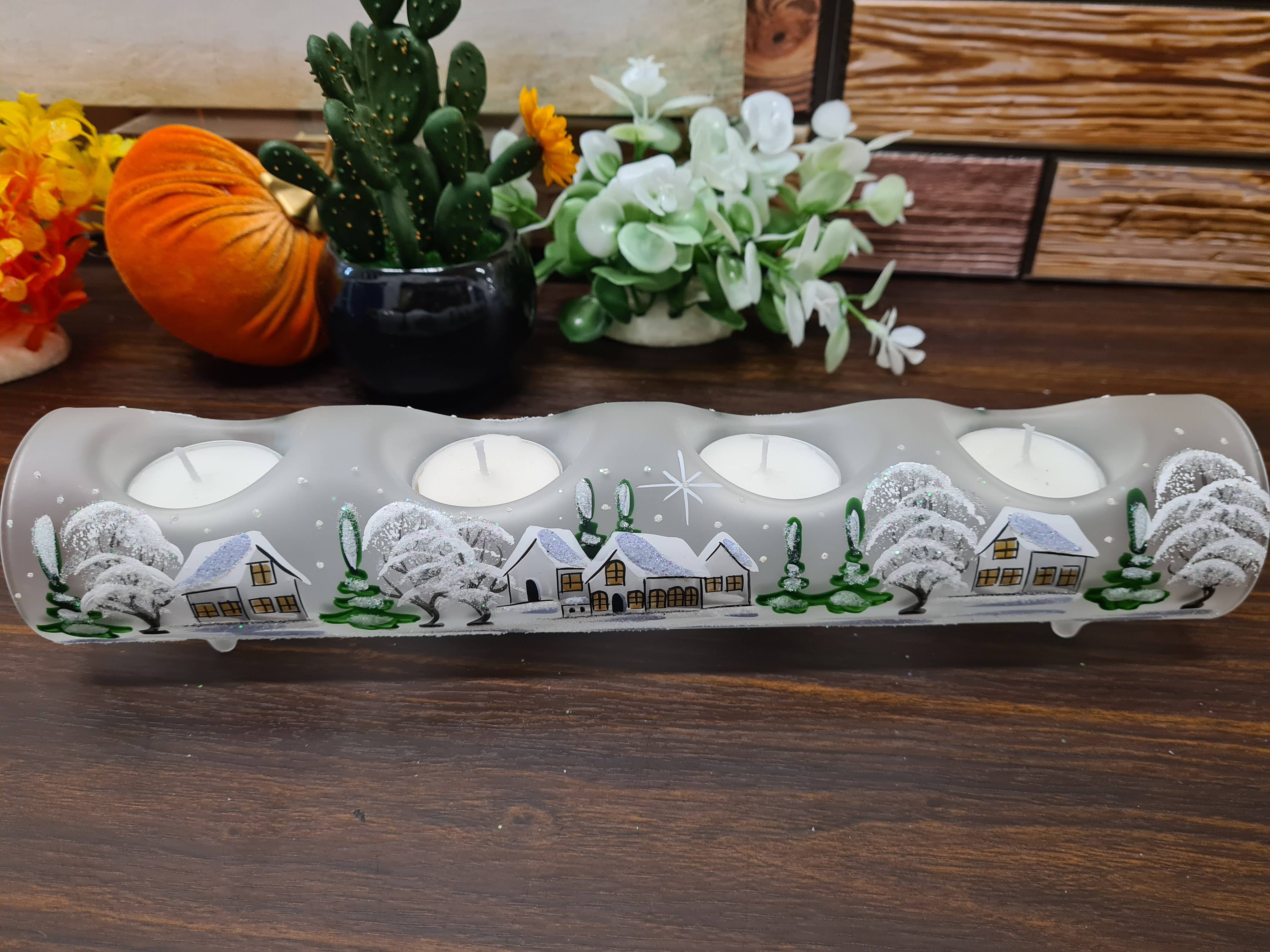 Glass by Iness - Wholesale Candle Holder - White Church In Winter Wonderland Collection - Candle Holder27
