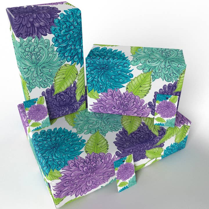 Re-wrapped - Wholesale Flat Wrap - Blue Dahlias Wrapping Paper • ECO Friendly • UK Made2