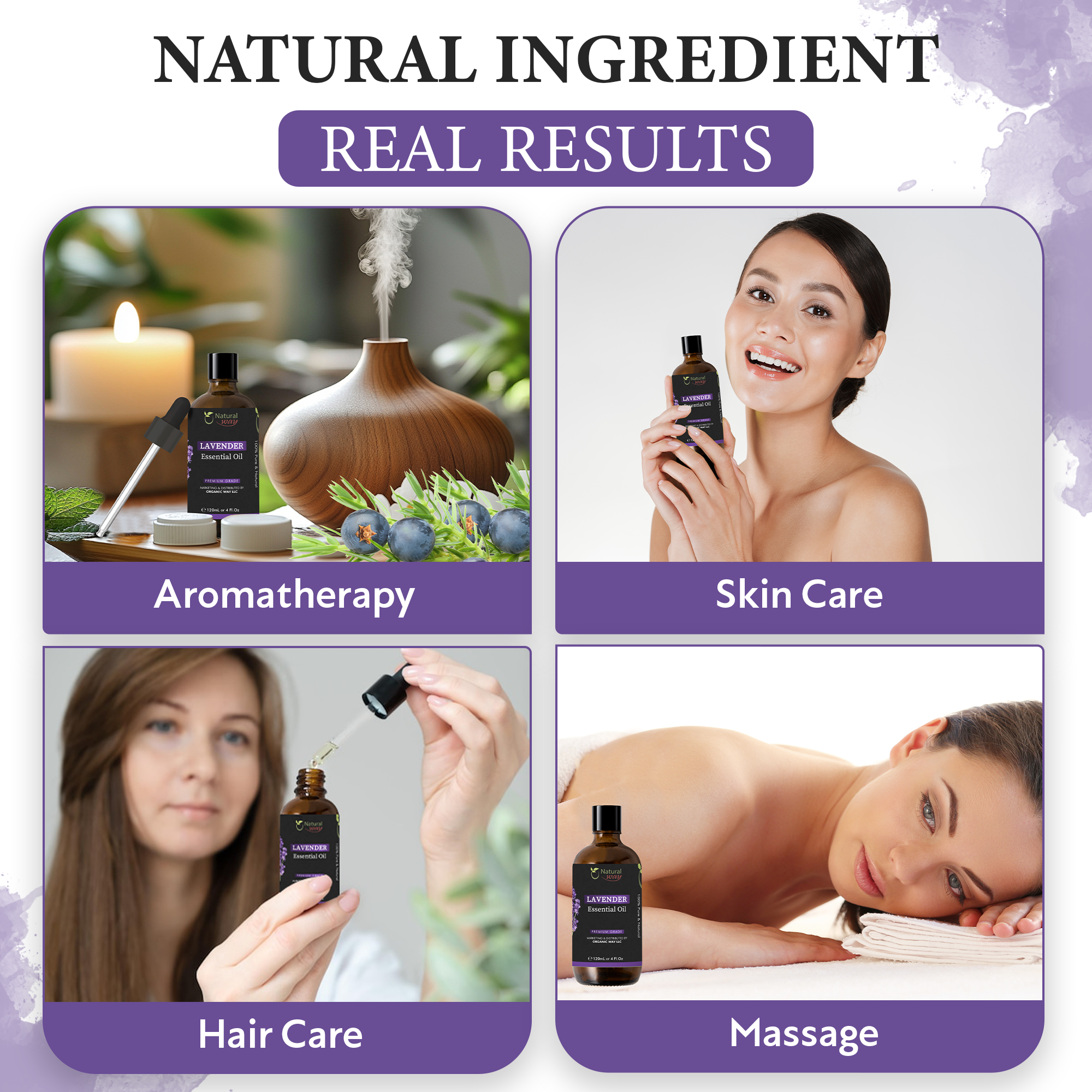Organic Way LLC – wholesale Eterisk olja – Natural Way Lavendel eterisk olja | Premium eteriska oljor för hårvård, olja för hud, aromaterapi och diffusor | Eterisk olja för borttagning av hudflikar, massageolja och användning i luftfuktare | 4 Fl Oz (120 mL)3