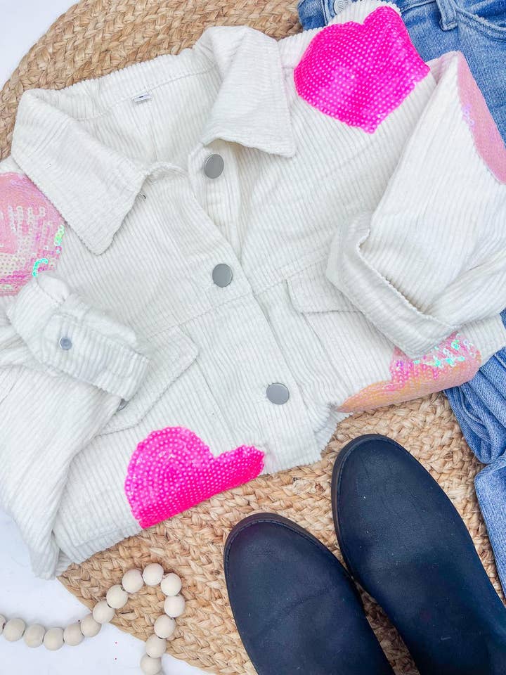 Forever3AM - Wholesale Shirt Jacket/Shacket - Women's - rts: Sequin Heart Valentines Corduroy Shacket5