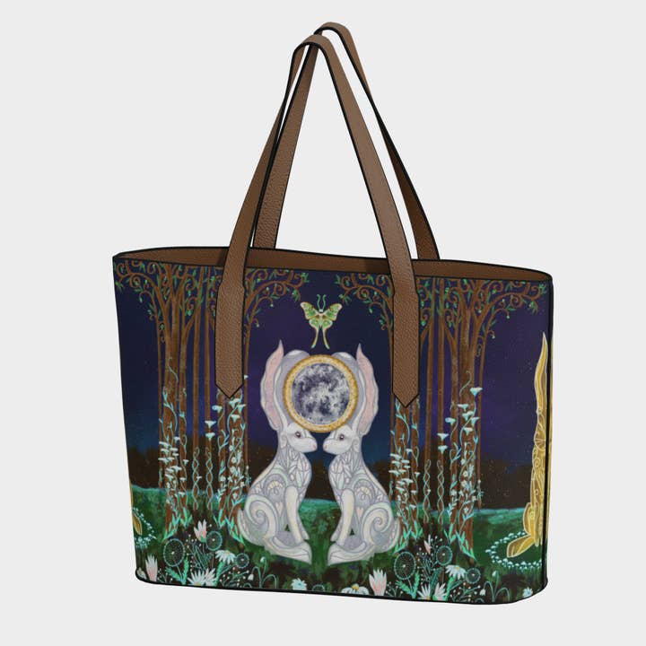 Ostara White Rabbit Luna Moth Vegan Leather Tote Bag Purse for wholesale by RiverWood Forest