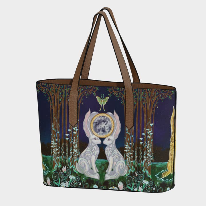RiverWood Forest - Wholesale Tote Bag - Women's - Ostara White Rabbit Luna Moth Vegan Leather Tote Bag Purse